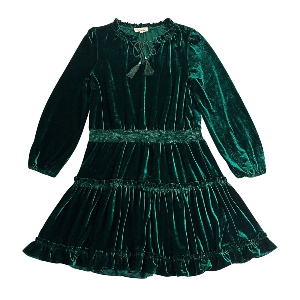 Listicle Velvet Dress Womens L Green Tiered Ruffle Smocked‎ Waist Keyhole Tassel